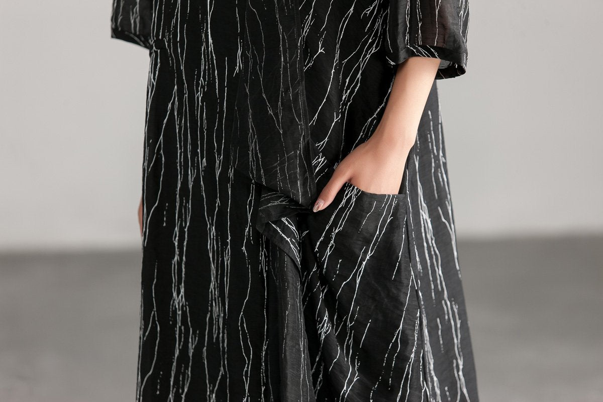 Loose Black Women Round Neck Casual Dress