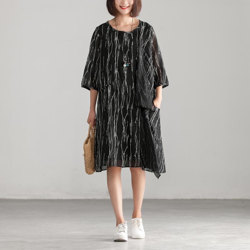 Loose Black Women Round Neck Casual Dress