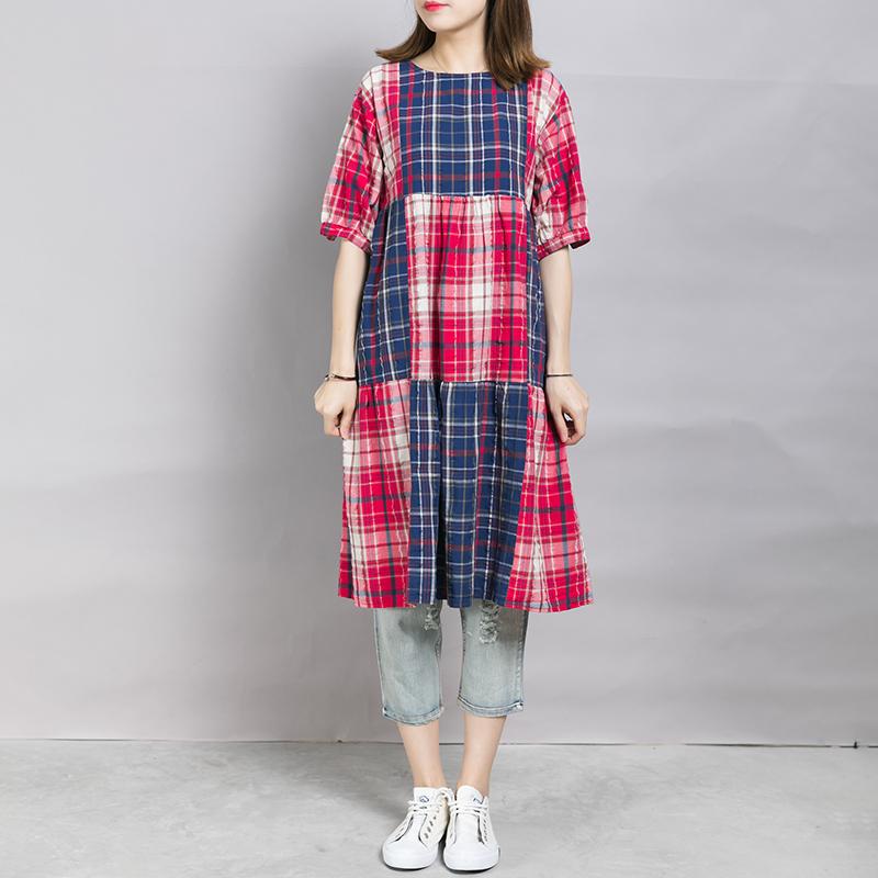 Loose Casual Plaid Color Block Midi Dress
