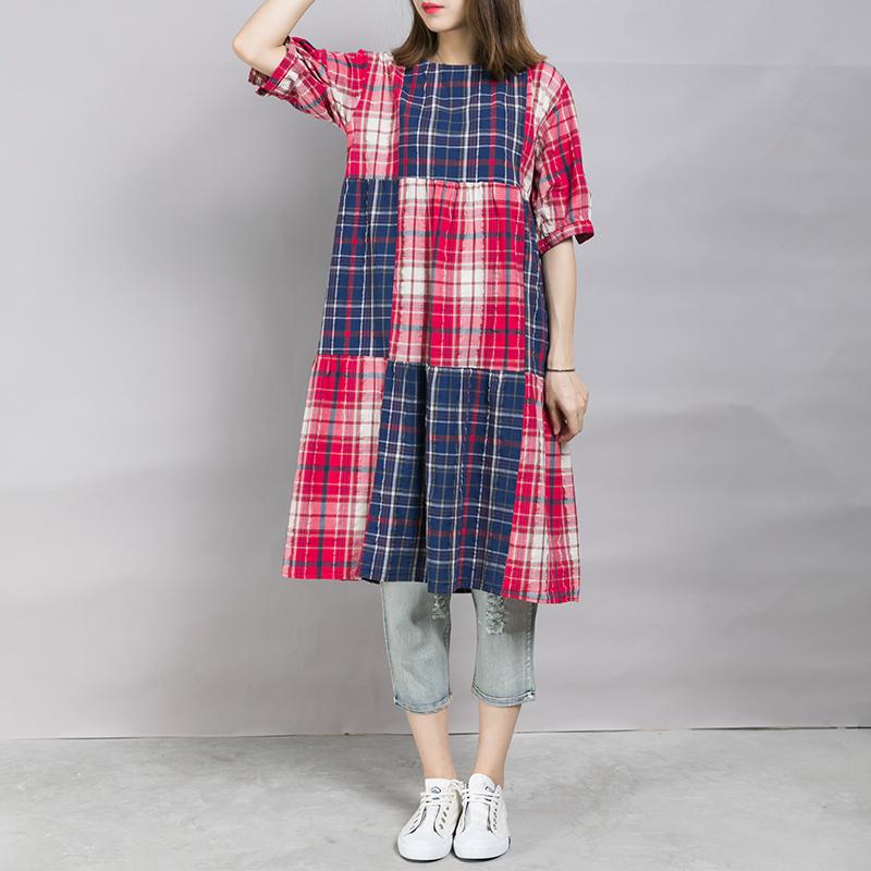 Loose Casual Plaid Color Block Midi Dress