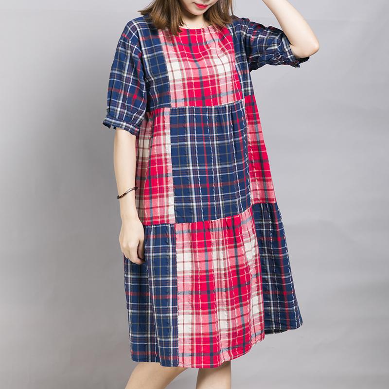 Loose Casual Plaid Color Block Midi Dress