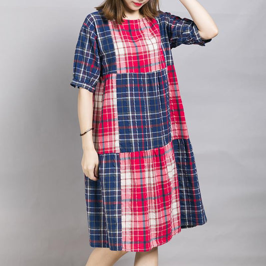 Loose Casual Plaid Color Block Midi Dress