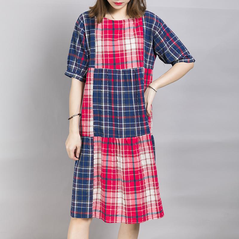 Loose Casual Plaid Color Block Midi Dress