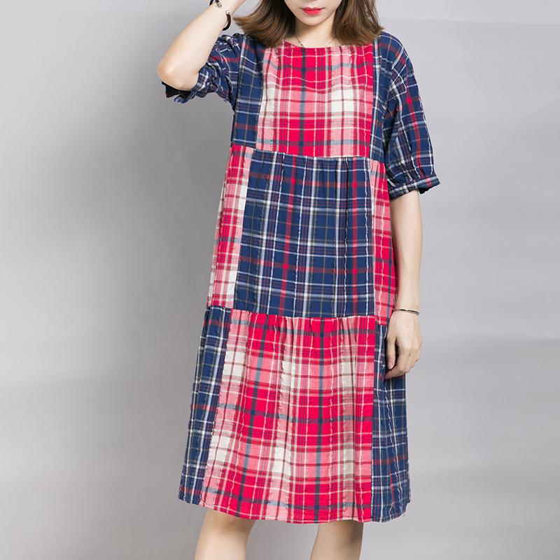 Loose Casual Plaid Color Block Midi Dress