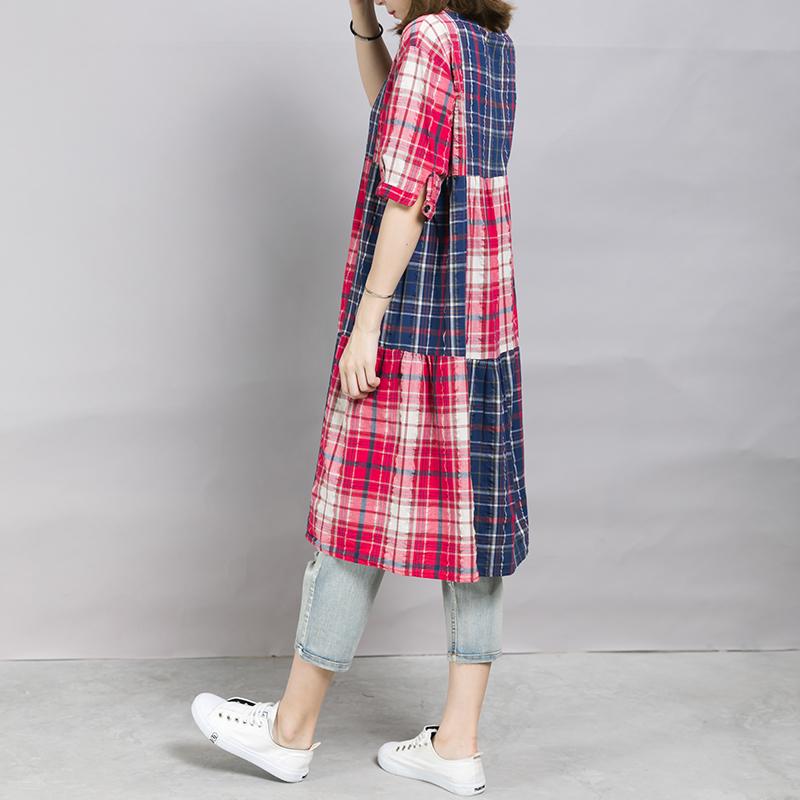 Loose Casual Plaid Color Block Midi Dress