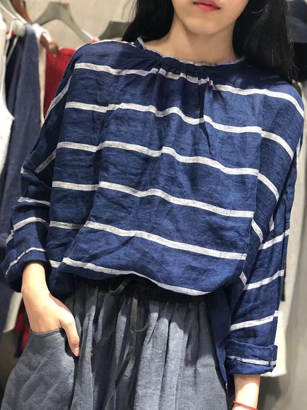 Loose Cotton Linen Striped Long Sleeve Shirt