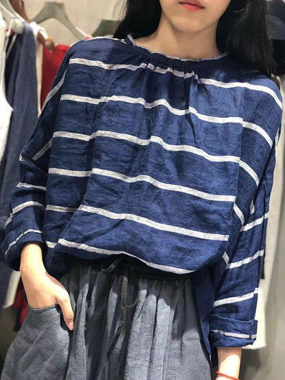 Loose Cotton Linen Striped Long Sleeve Shirt