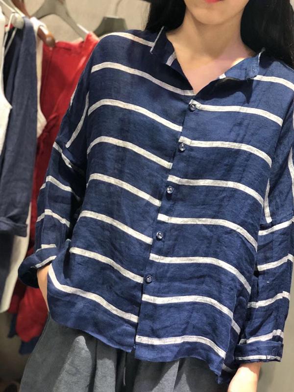 Loose Cotton Linen Striped Long Sleeve Shirt