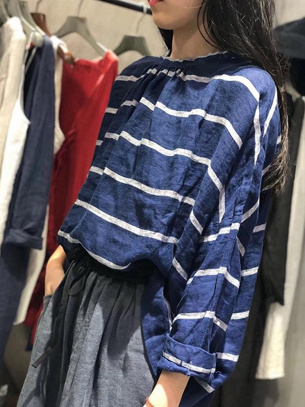 Loose Cotton Linen Striped Long Sleeve Shirt