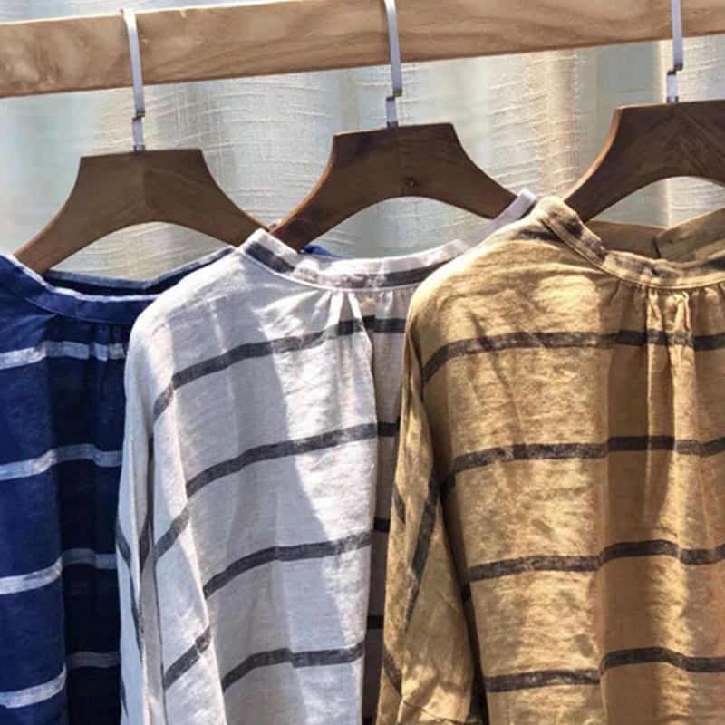 Loose Cotton Linen Striped Long Sleeve Shirt
