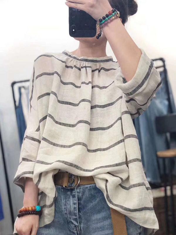Loose Cotton Linen Striped Long Sleeve Shirt