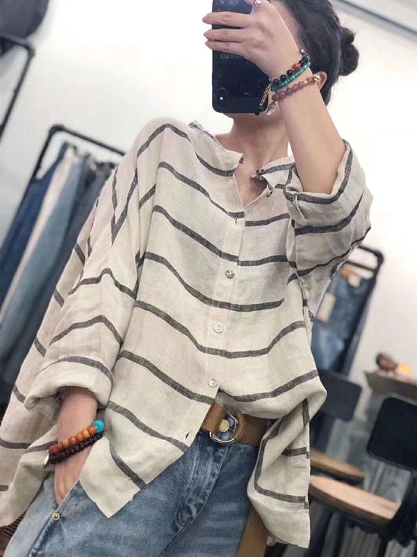 Loose Cotton Linen Striped Long Sleeve Shirt