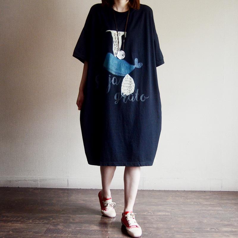 Loose Cotton Print Short Sleeve Dress