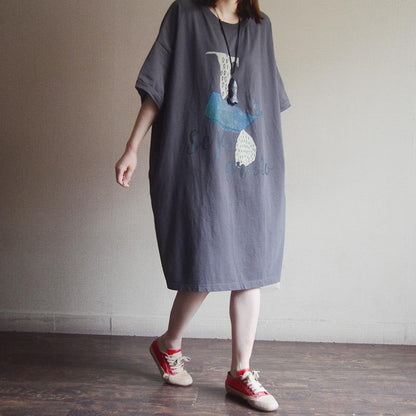 Loose Cotton Print Short Sleeve Dress