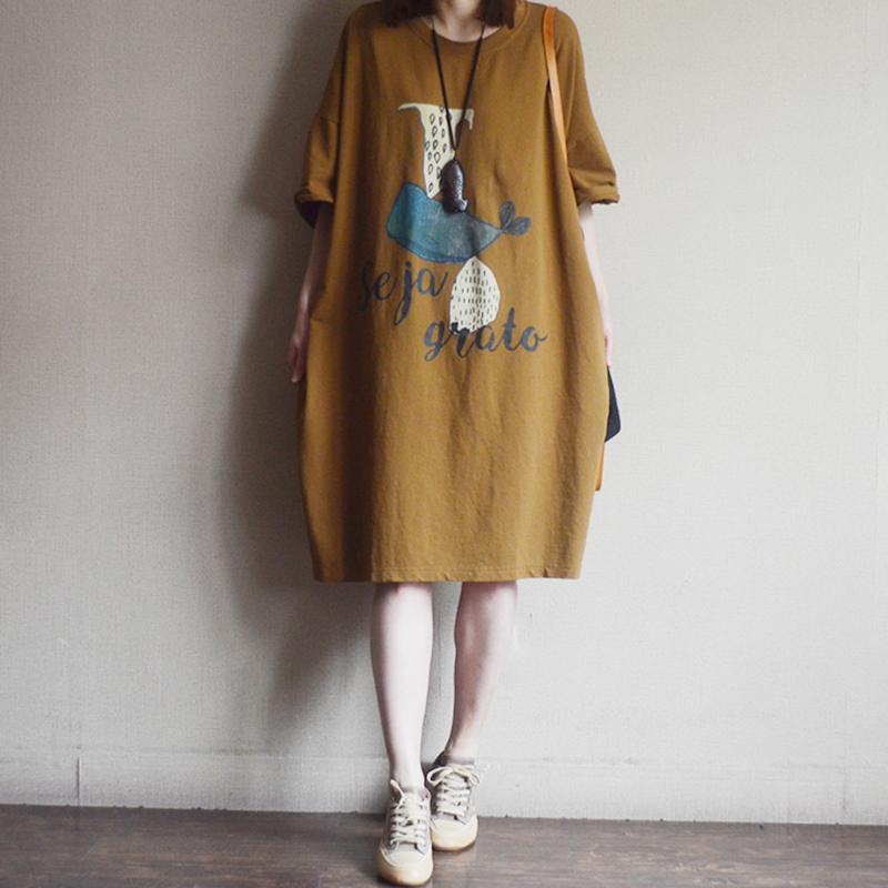 Loose Cotton Print Short Sleeve Dress