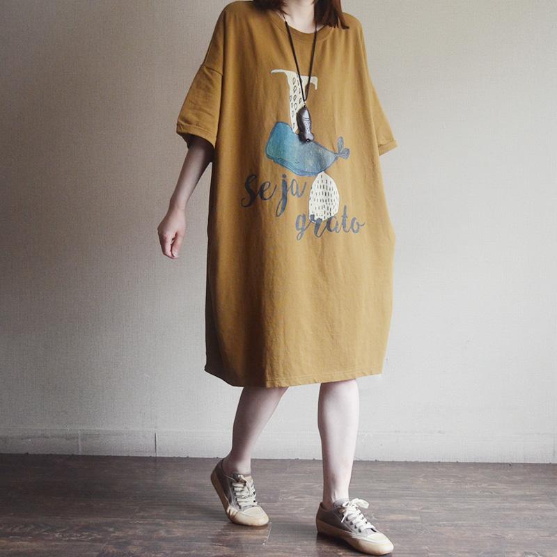 Loose Cotton Print Short Sleeve Dress