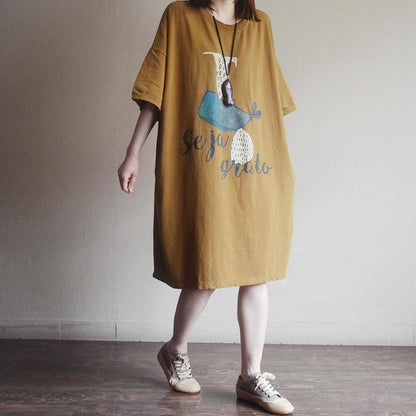 Loose Cotton Print Short Sleeve Dress