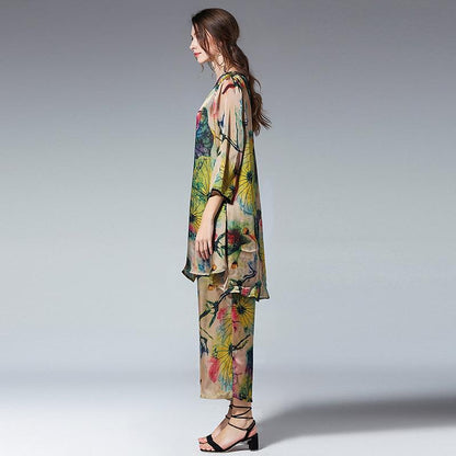 Plus Size Loose Floral Shirt And Wide Leg Pants
