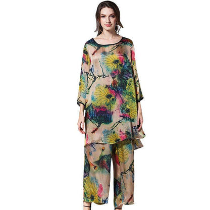 Plus Size Loose Floral Shirt And Wide Leg Pants