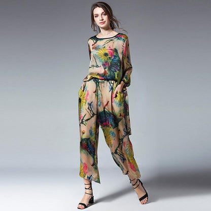 Plus Size Loose Floral Shirt And Wide Leg Pants