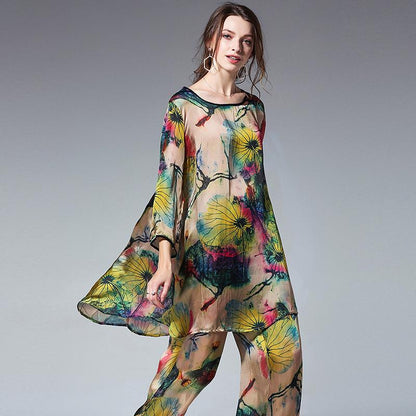Plus Size Loose Floral Shirt And Wide Leg Pants