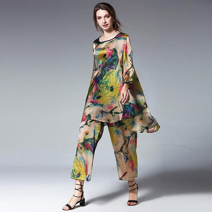 Plus Size Loose Floral Shirt And Wide Leg Pants