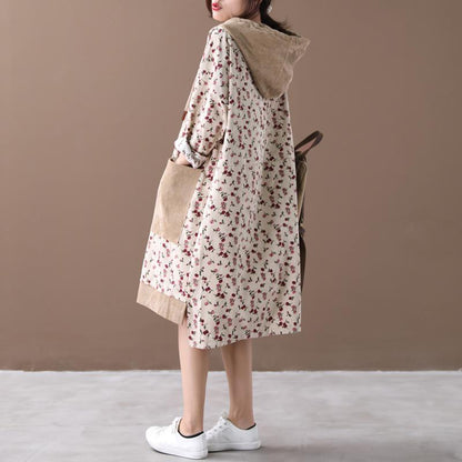 Loose Floral Women Autumn Hooded Dress