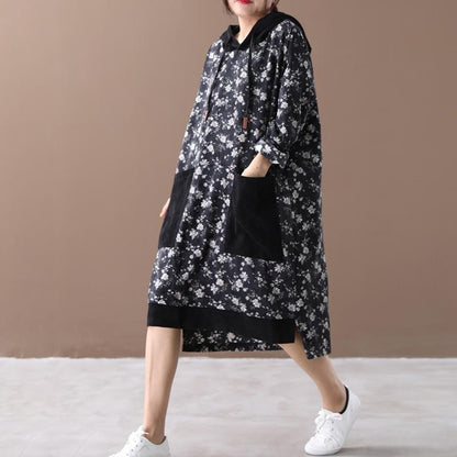 Loose Floral Women Autumn Hooded Dress