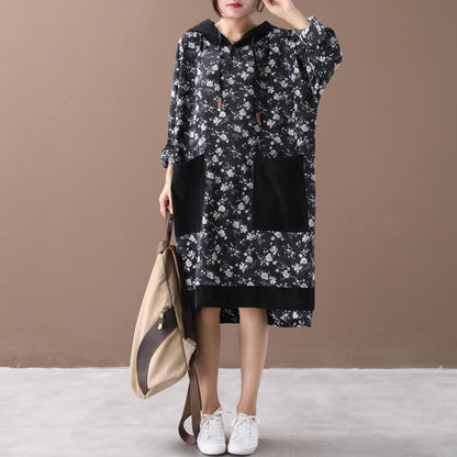 Loose Floral Women Autumn Hooded Dress