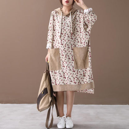 Loose Floral Women Autumn Hooded Dress