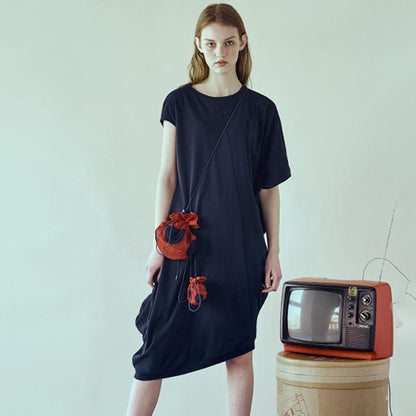 Loose Irregular Solid Round Neck Women Dress