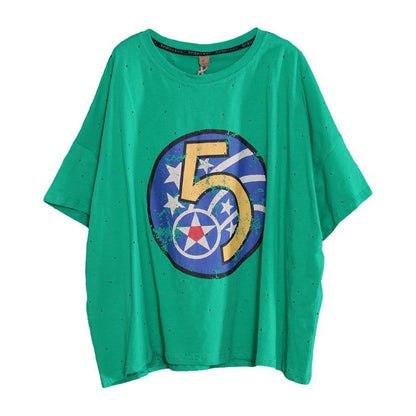 Loose Literary Digital Printed Hole T-Shirt