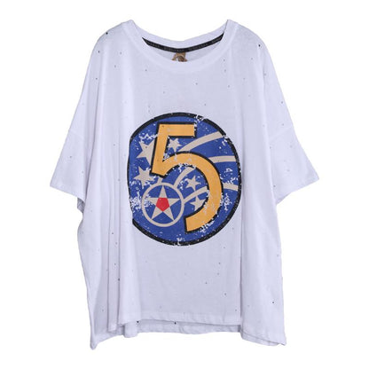Loose Literary Digital Printed Hole T-Shirt