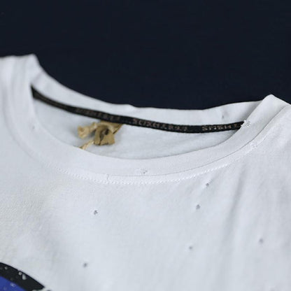 Loose Literary Digital Printed Hole T-Shirt