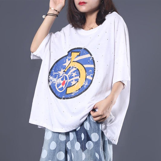 Loose Literary Digital Printed Hole T-Shirt