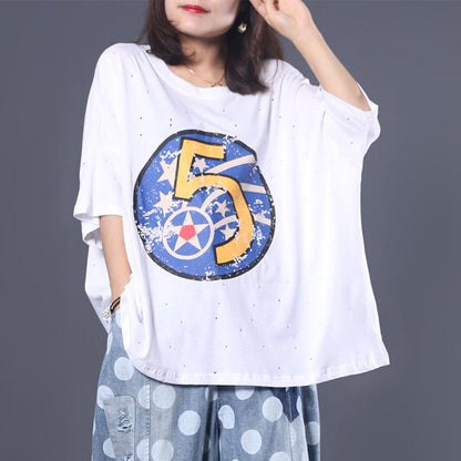 Loose Literary Digital Printed Hole T-Shirt