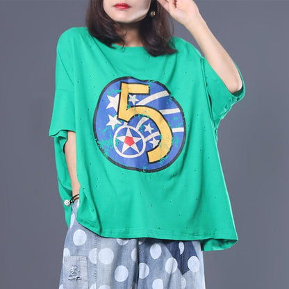Loose Literary Digital Printed Hole T-Shirt
