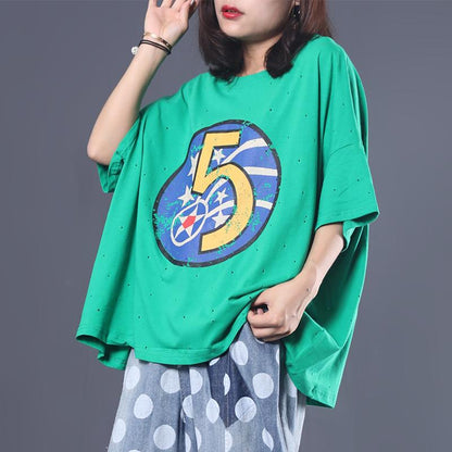 Loose Literary Digital Printed Hole T-Shirt