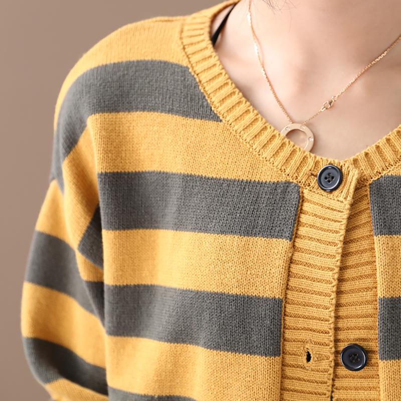 Loose Literary Striped Single Breasted Sweater Coat
