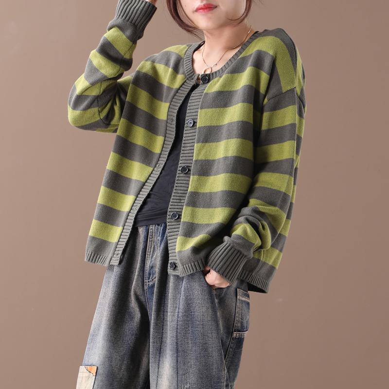 Loose Literary Striped Single Breasted Sweater Coat