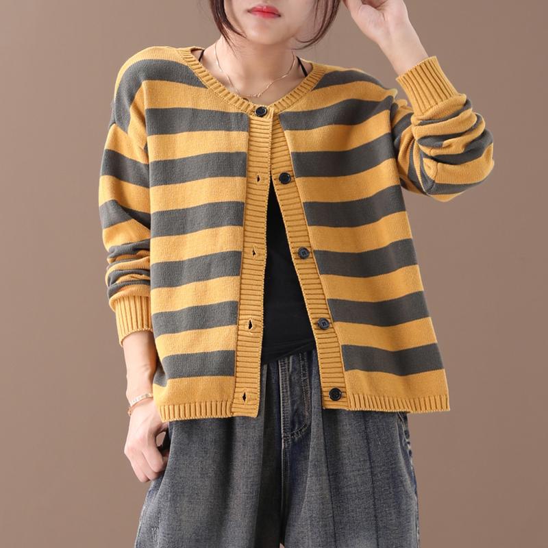 Loose Literary Striped Single Breasted Sweater Coat