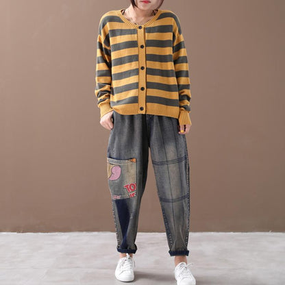 Loose Literary Striped Single Breasted Sweater Coat