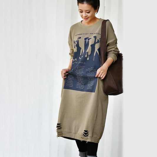 Buykud Loose Personality Printed Hole Straight Dress