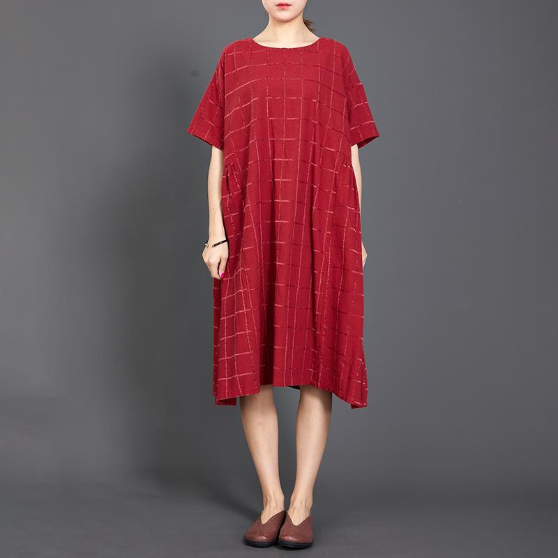 Loose Plaid Casual Short Sleeve Red Dress