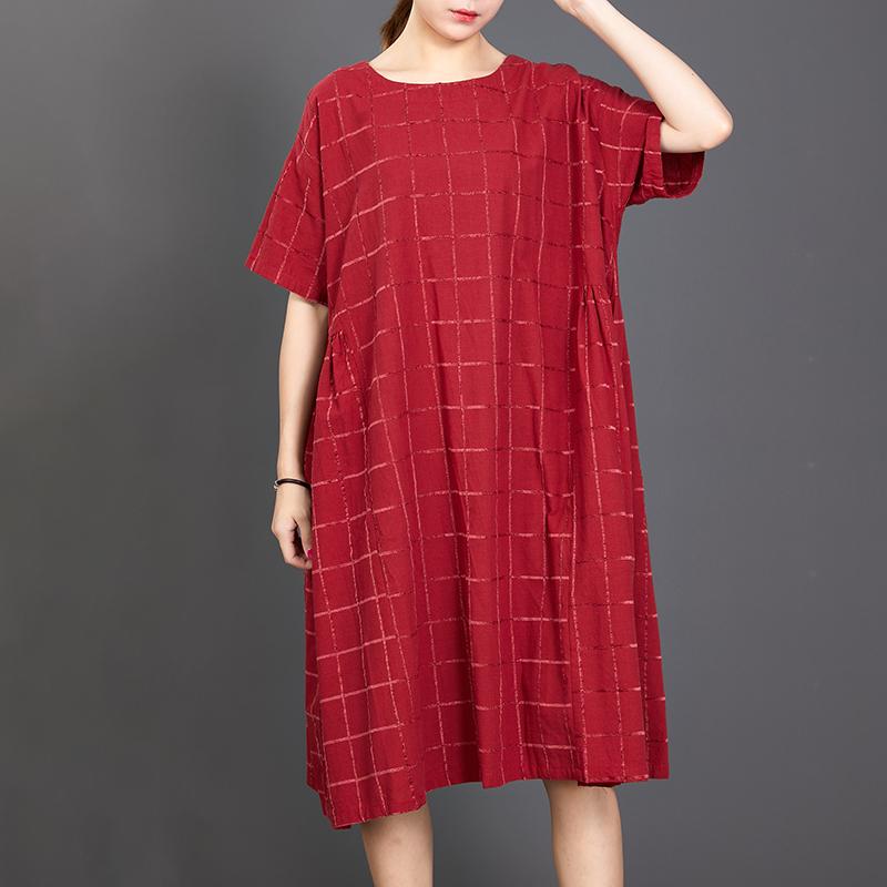 Loose Plaid Casual Short Sleeve Red Dress