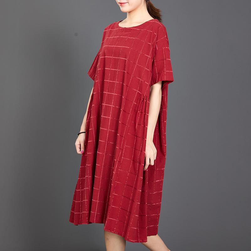 Loose Plaid Casual Short Sleeve Red Dress