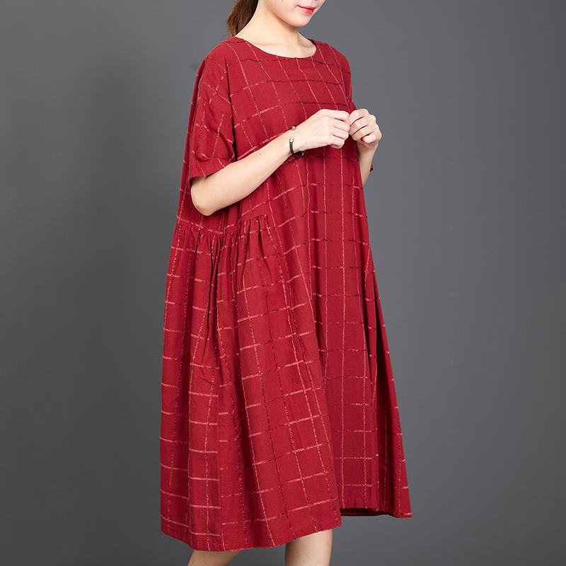 Loose Plaid Casual Short Sleeve Red Dress