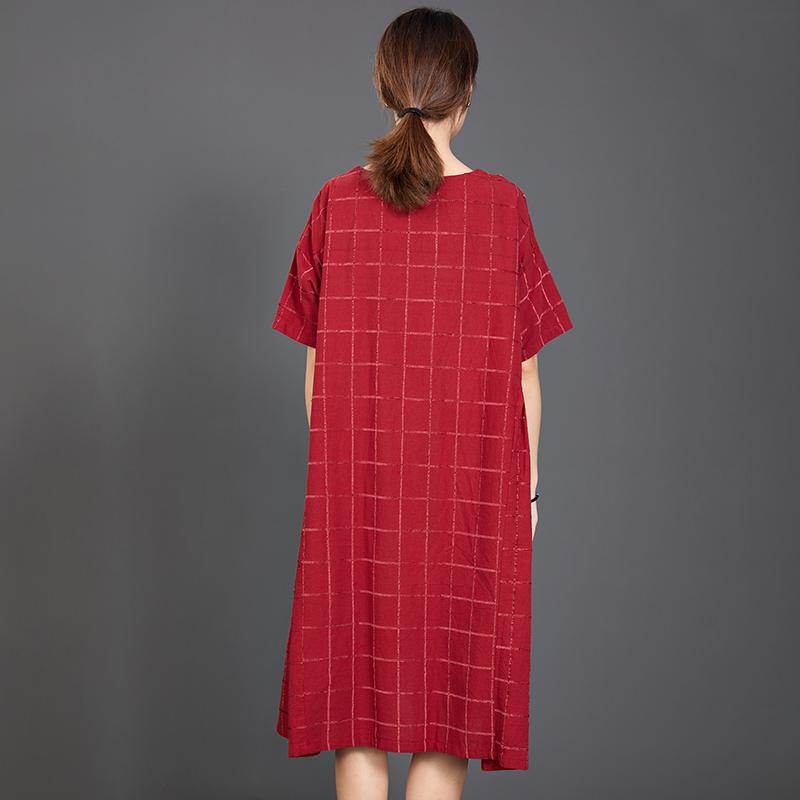 Loose Plaid Casual Short Sleeve Red Dress