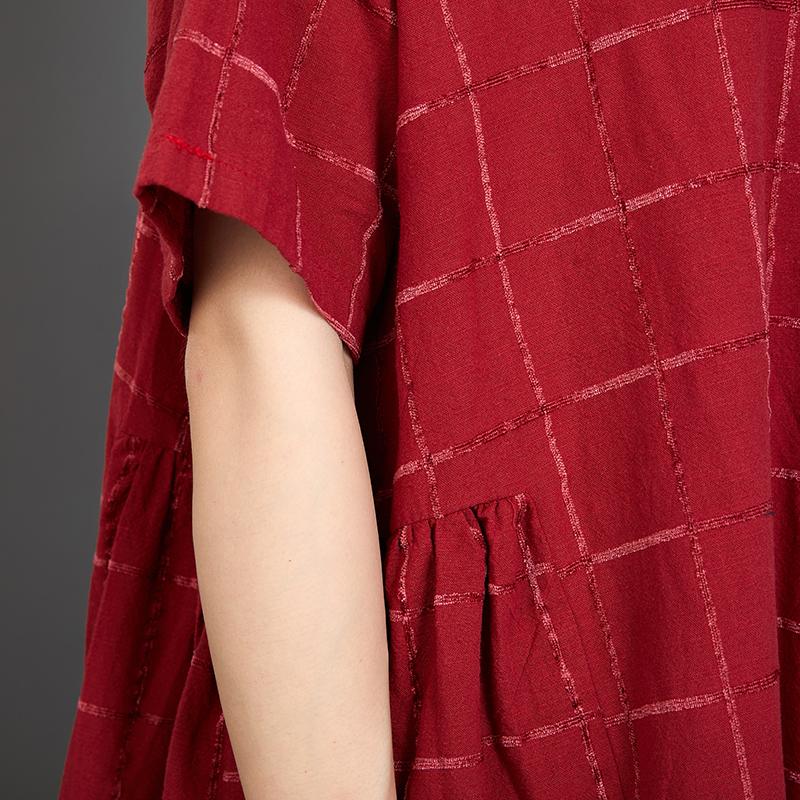 Loose Plaid Casual Short Sleeve Red Dress