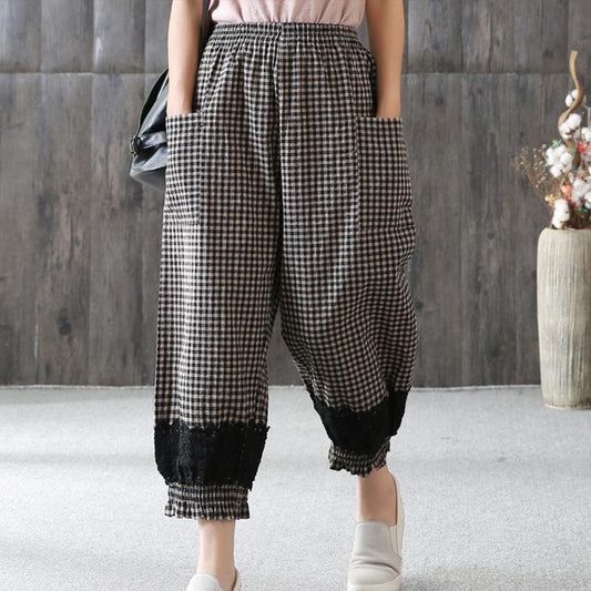 Loose Plaid Lace Casual Women Ankle Pants